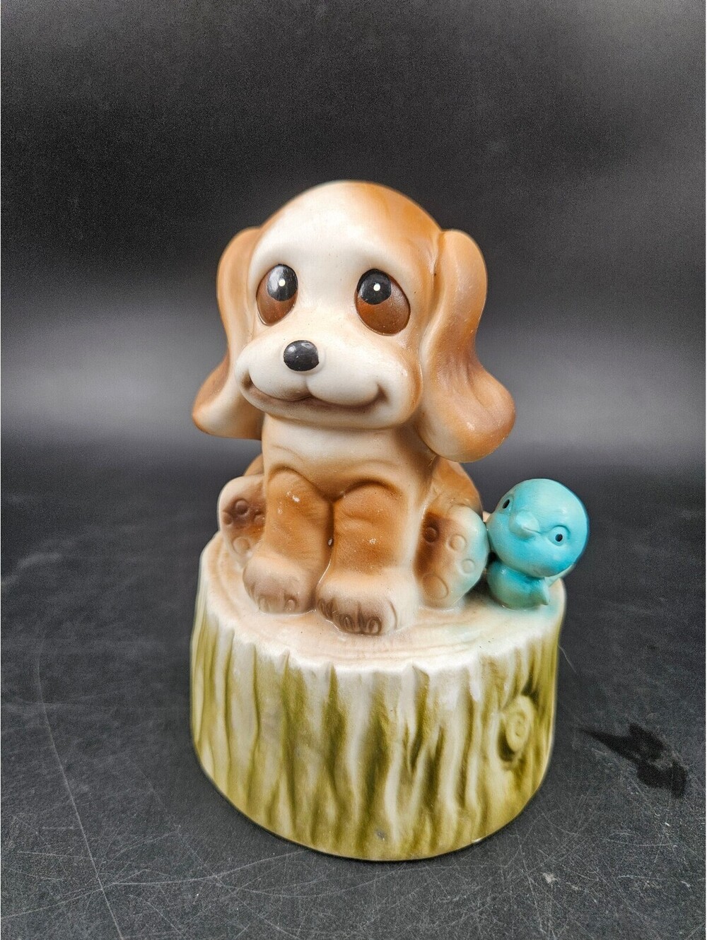 Vintage Ceramic Dog and Blue Bird Figurine on Tree Stump Base